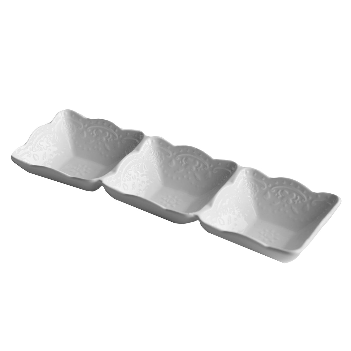 White Embossed 3 Section Ceramic Dish 12.5" - The Closeout Connection