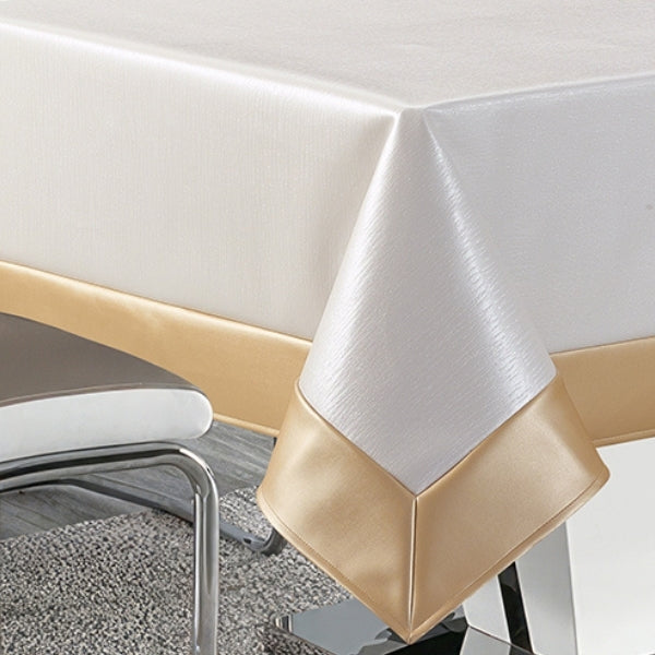 The Columbia Ivory and Gold Faux Leather Tablecloth - The Closeout Connection