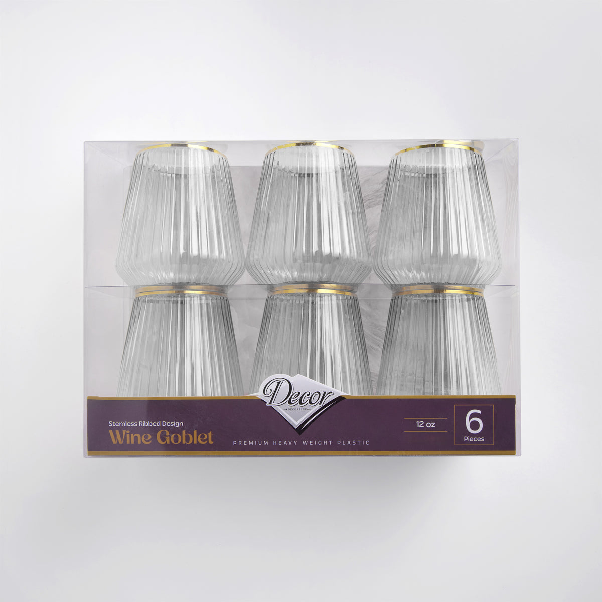 Decor Clear & Gold ribbed stemless wine goblets 12 oz - 6 pack retail box #Color_Clear-Gold