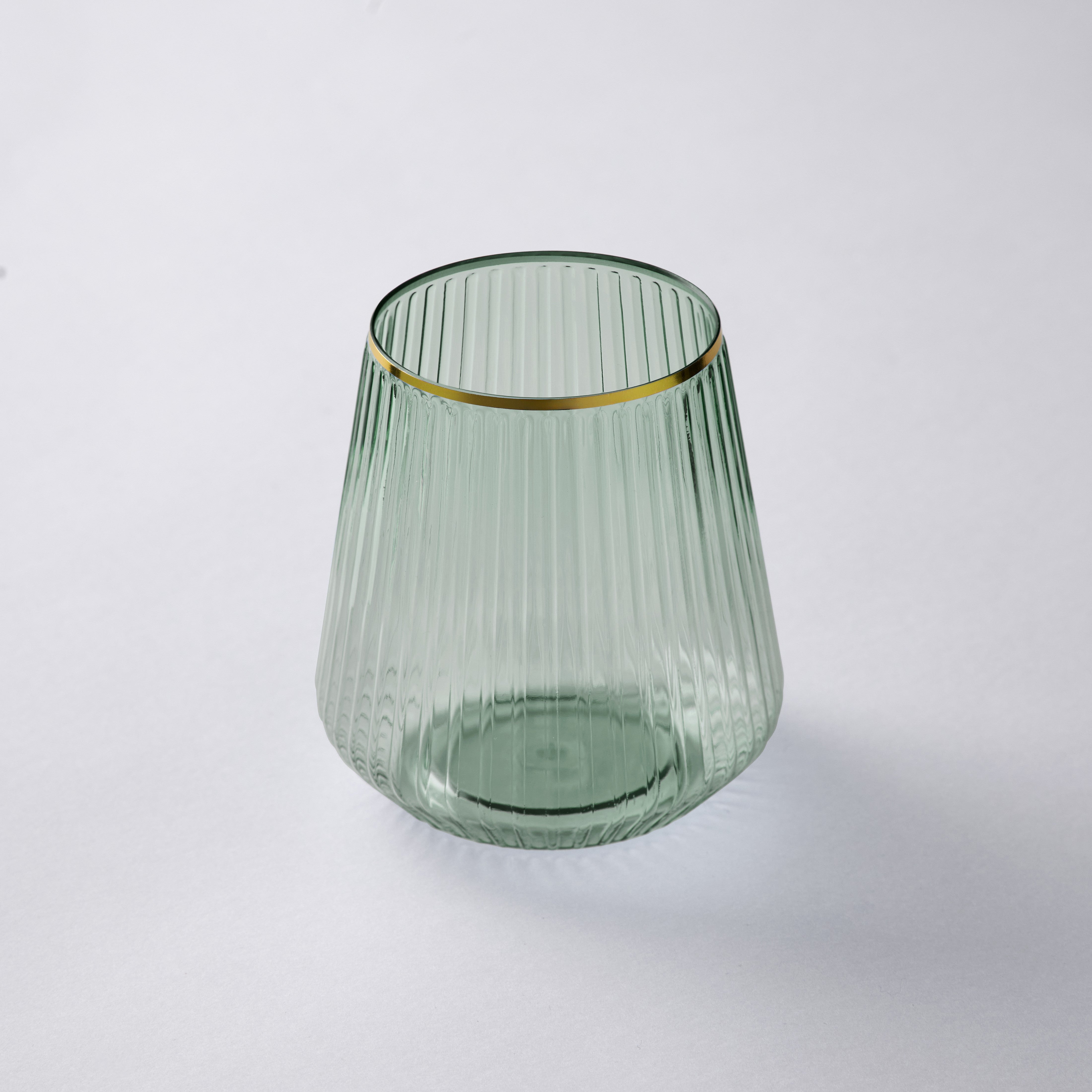 Decor ribbed stemless goblet in green with gold rim, 12 oz