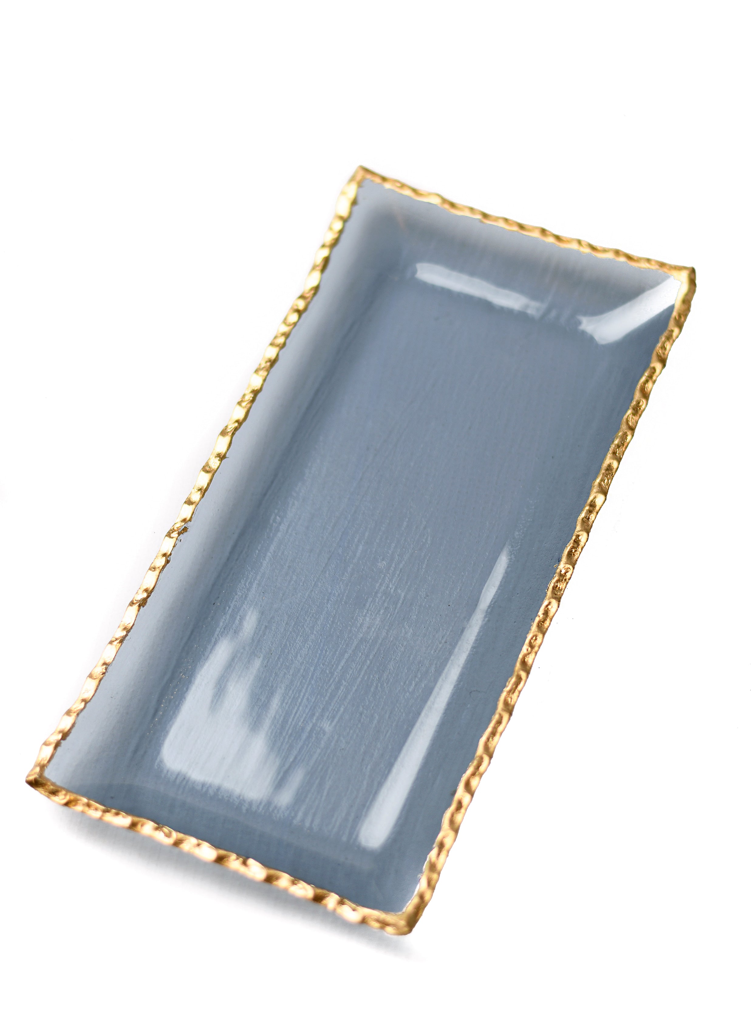 Rectangular Glass Blue Tray with Gold Rim
