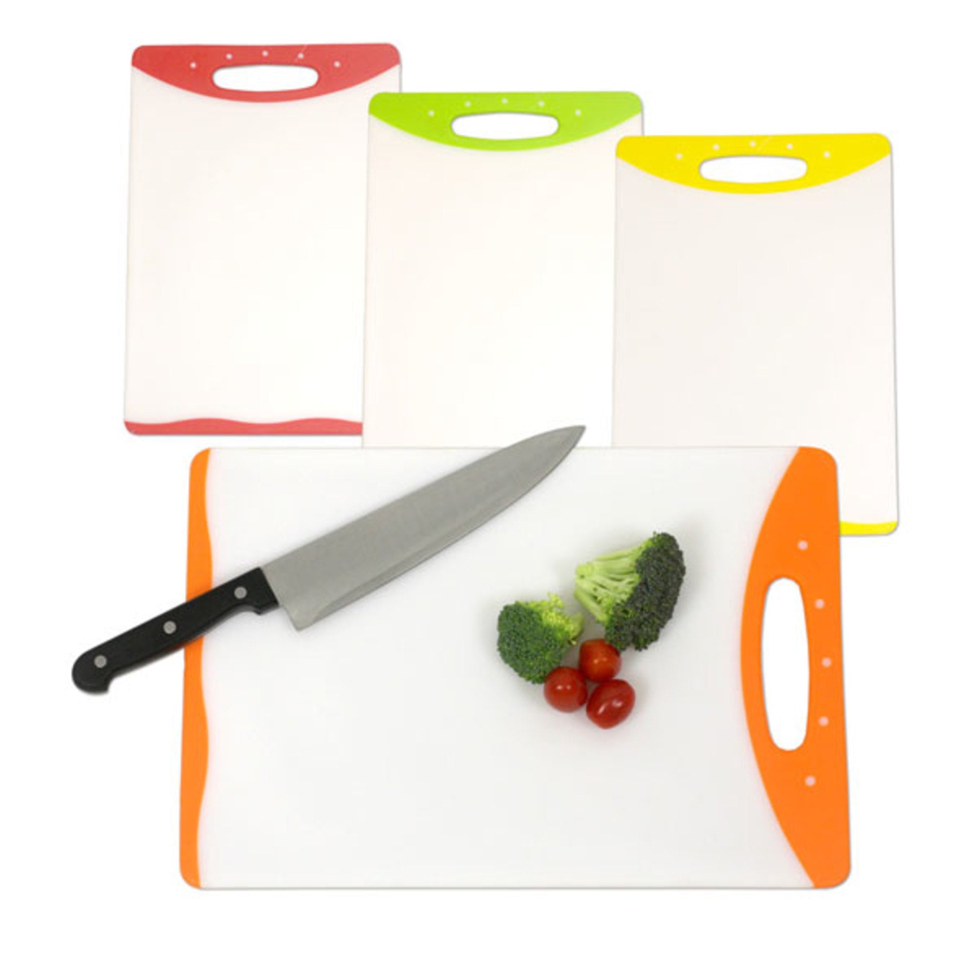 Plastic Cutting Board with Non-Slip Edges 10" x 15" in red, green, yellow and orange - The Closeout Connection