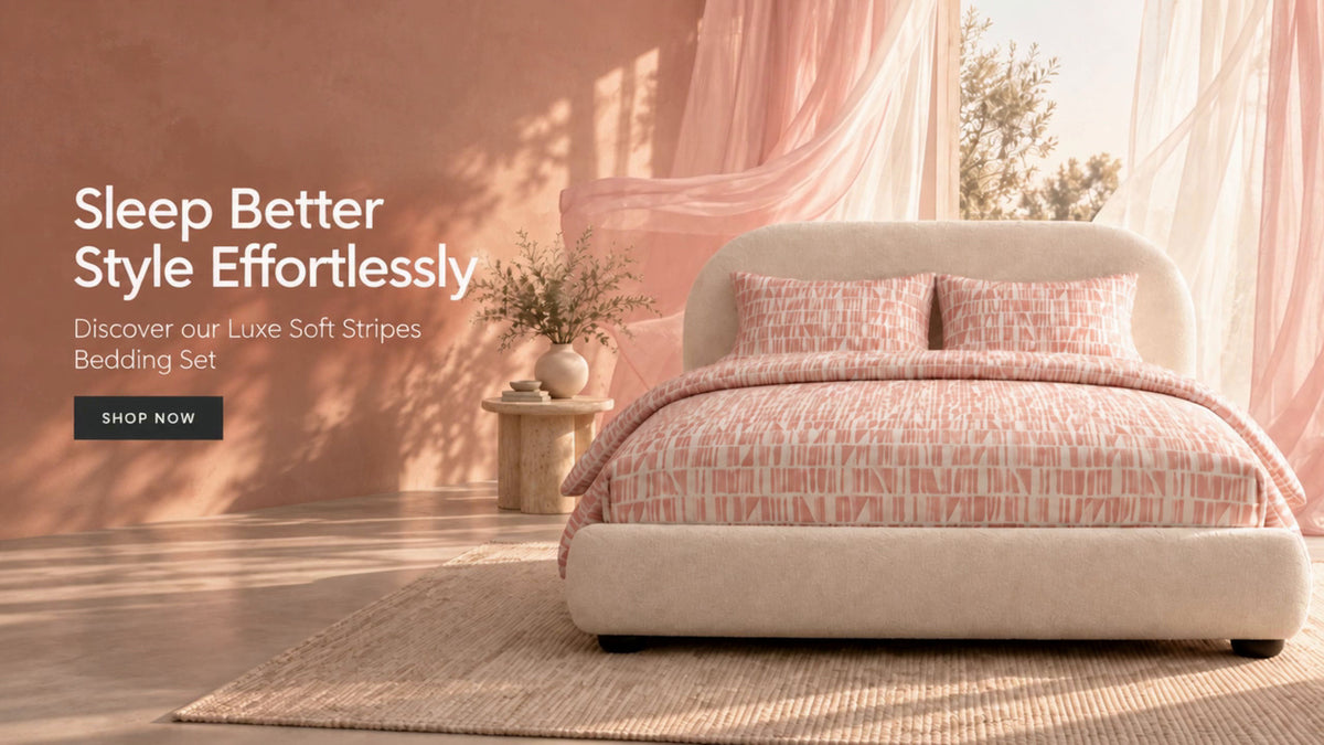 Luxe Soft Stripes bedding on a cream boucle bed in a sunlit blush bedroom with flowing sheer curtains