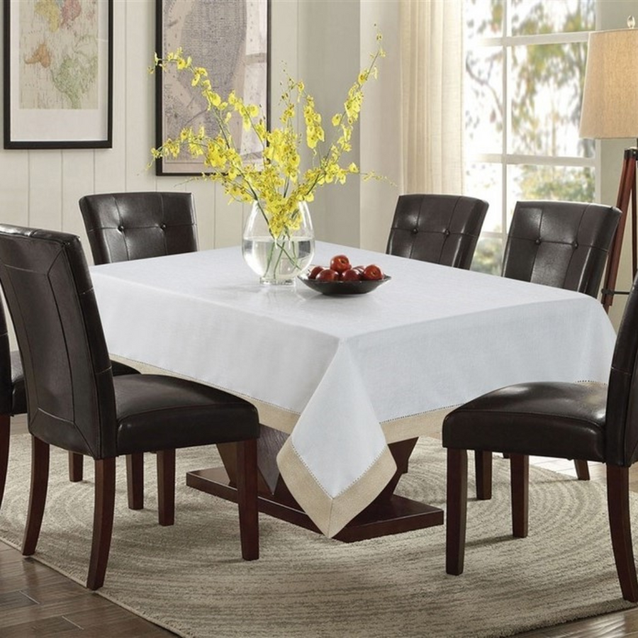 Linen-Like White with Gold Border Tablecloth - The Closeout Connection