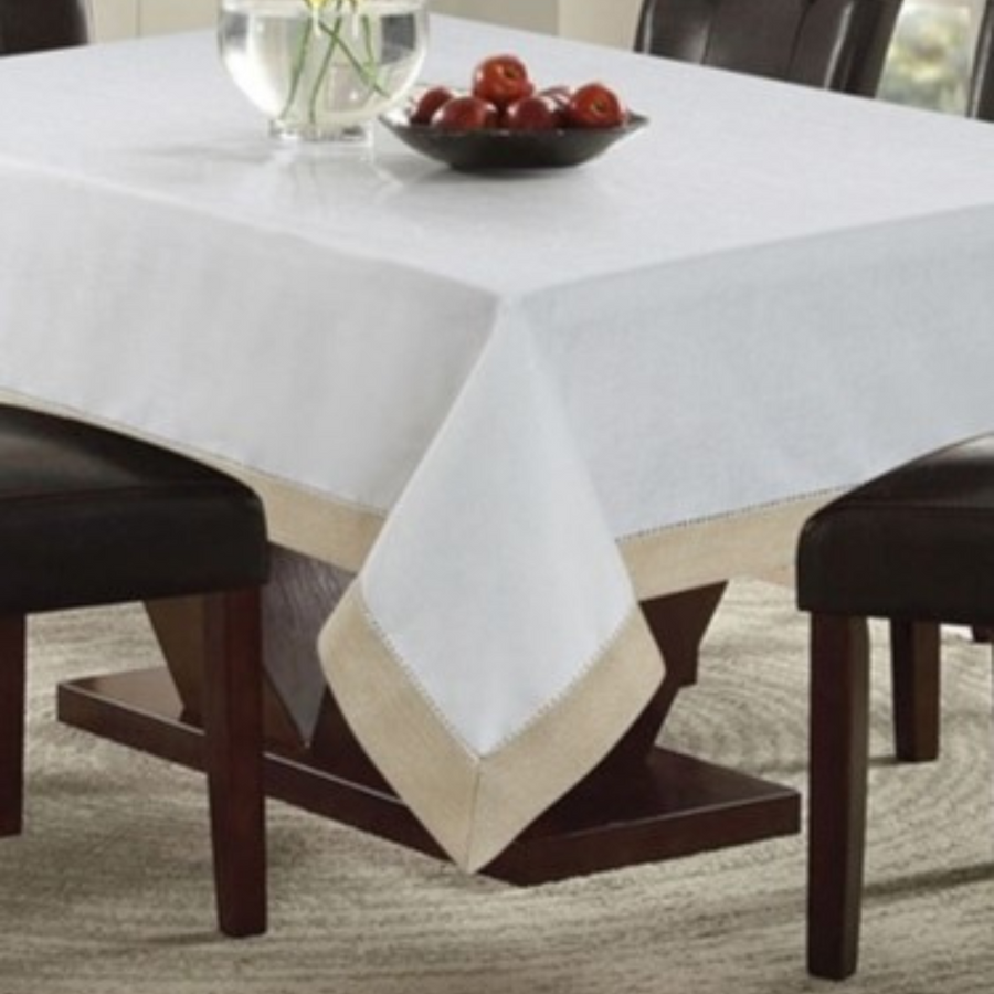 Linen-Like White with Gold Border Tablecloth - The Closeout Connection