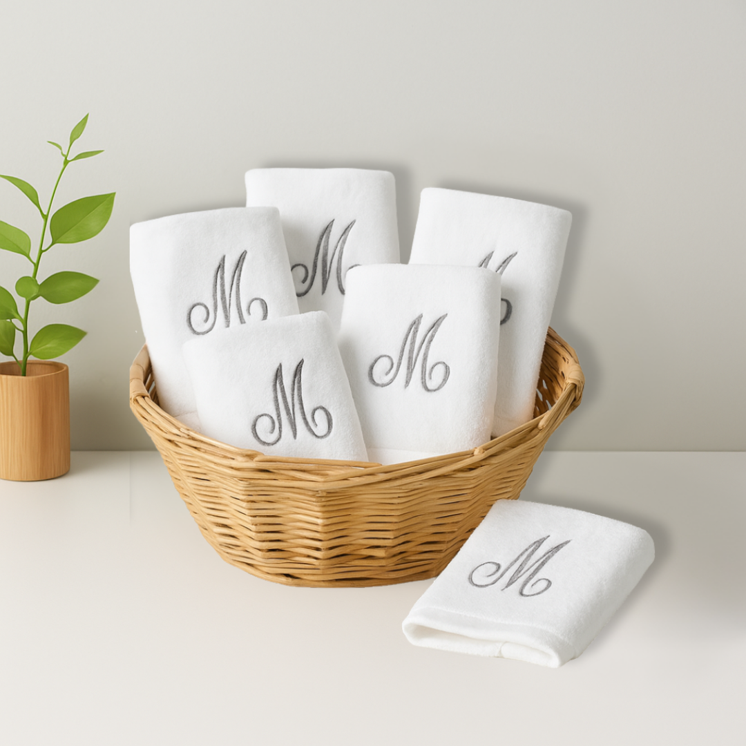 Six Monogrammed Fingertip Towel Set White and Silver