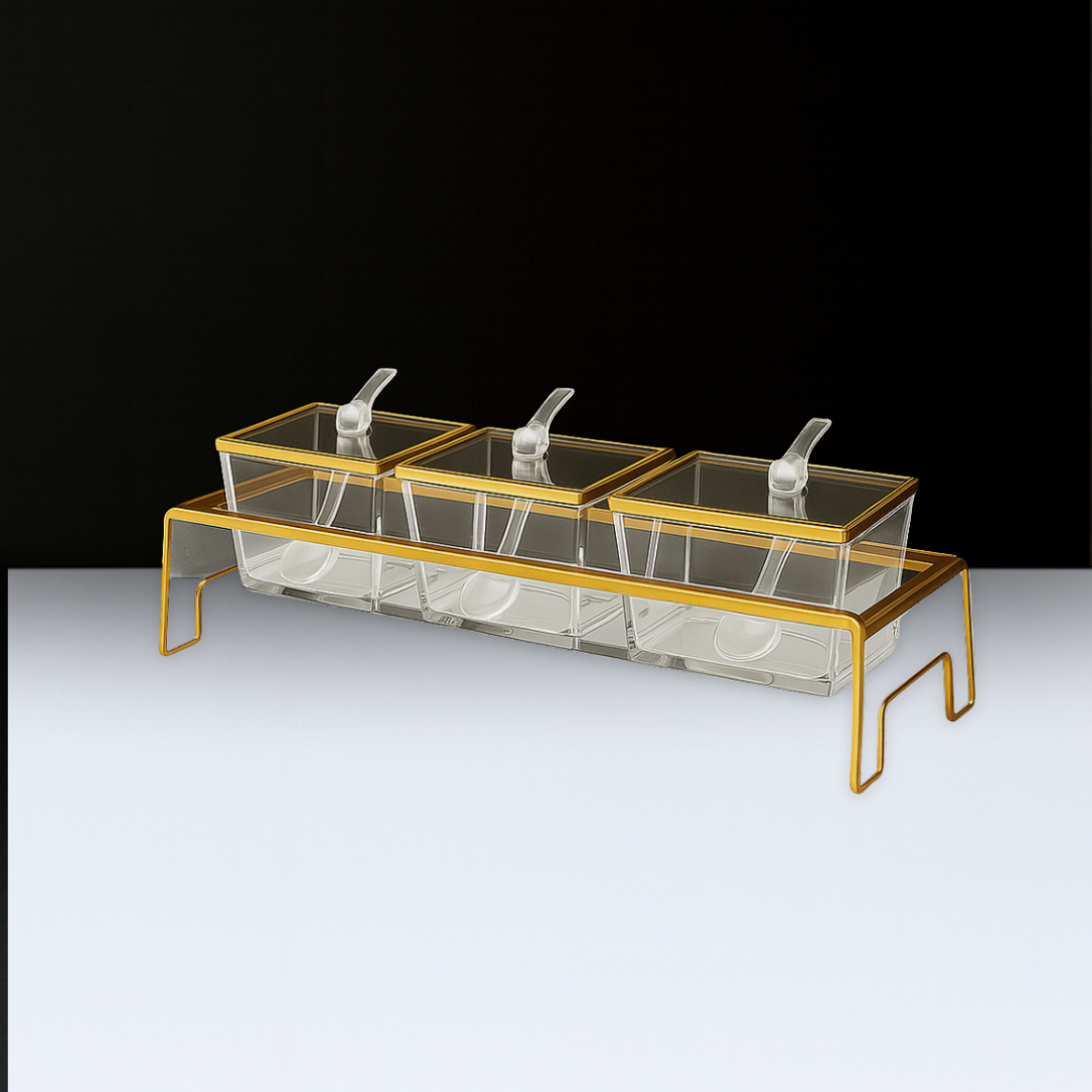Lucite Gold Trim Serving Tray in Stand with Lids & Spoons - 10 Piece