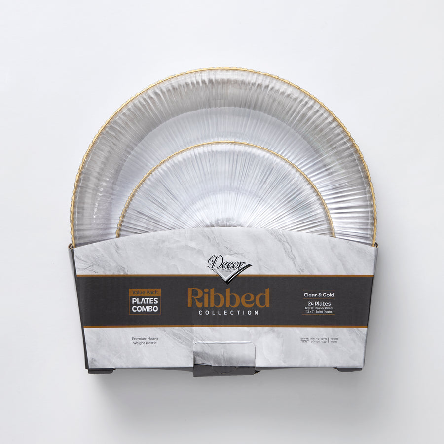Decor Ribbed Collection Plates Clear & Gold, 10" and 7"