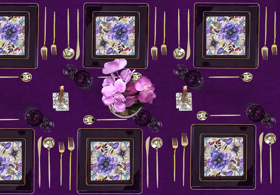 142 Piece Set - Purple Petal Scape 10 Guests - The Closeout Connection