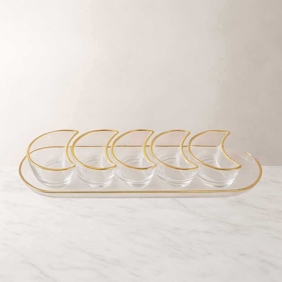 Monte Carlo Glass Tray & 5 Moon Bowls with Gold Rim - The Closeout Connection