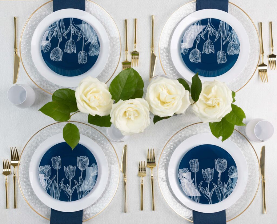 White/Navy Blue Dinnerware- 32 Count - The Closeout Connection