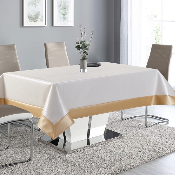 Columbia Ivory and Gold Faux Leather Tablecloth